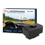 PAJ Blitzer- und Gefahrenwarner: schwarzes OBD2-Gerät neben der Produktverpackung mit Fahrszene, warnt vor Blitzern ganz ohne Smartphone