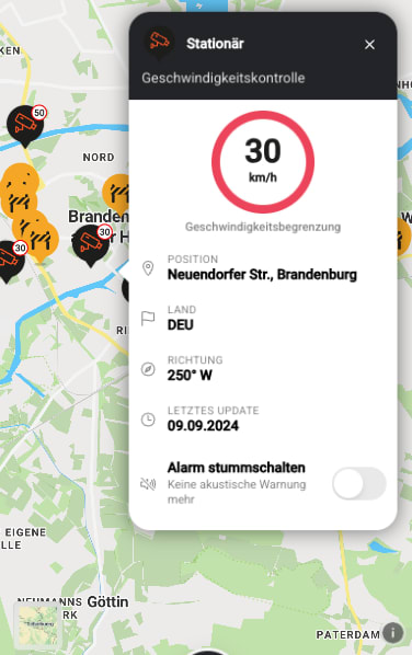 Blitzer und Warnstellen auf der Karte der FINDER App, einzelne Blitzer stummschaltbar