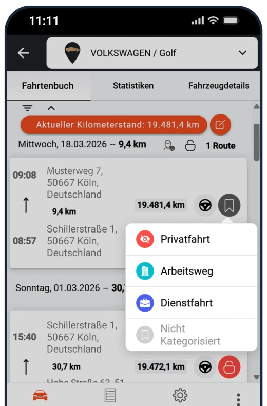Elektronisches Fahrtenbuch in der FINDER App