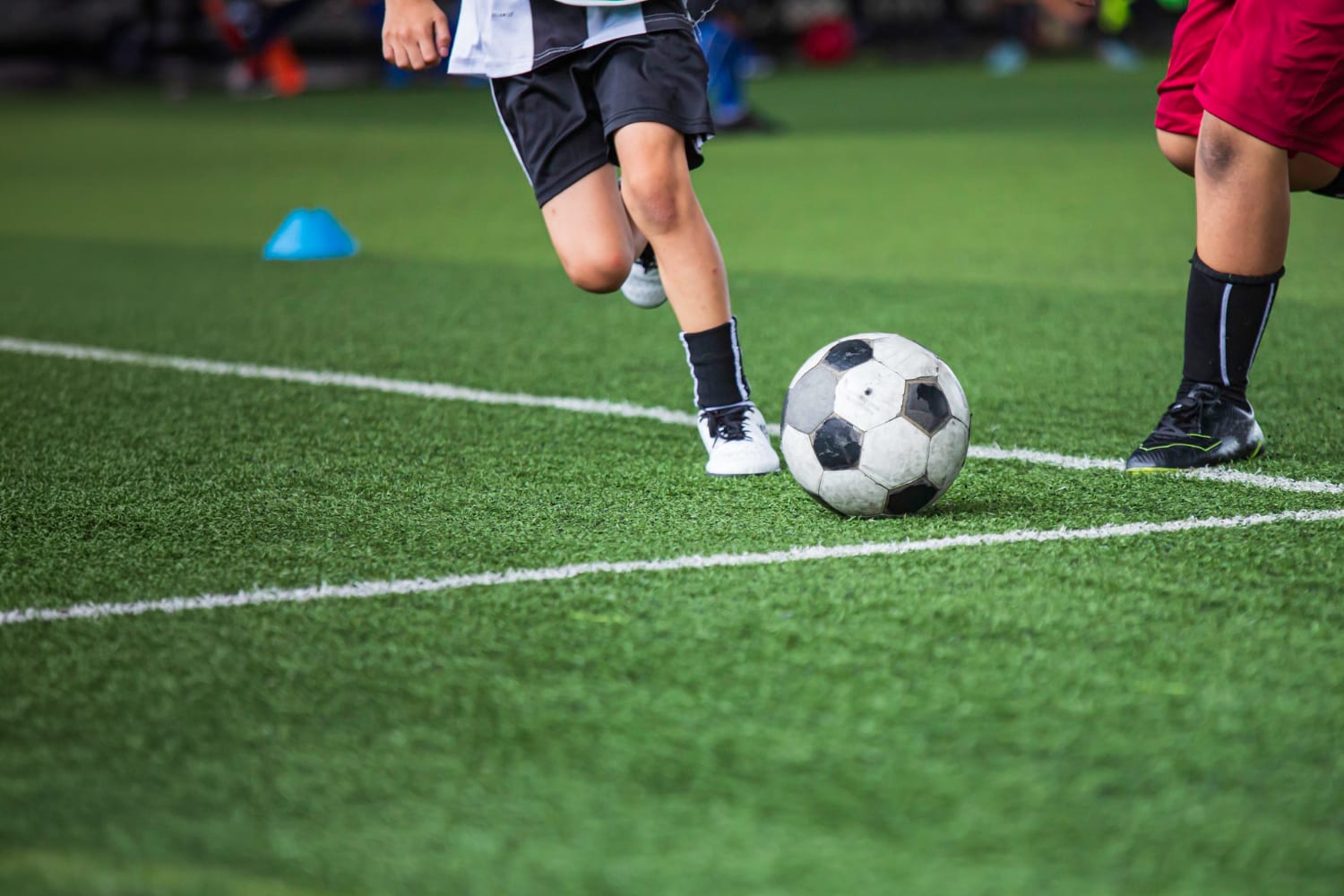 Young soccer players chasing a ball on a green pitch