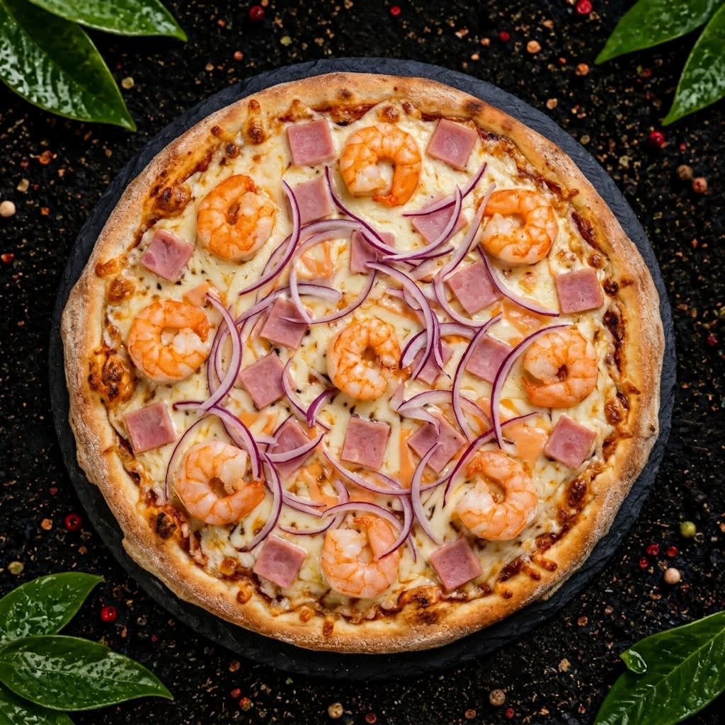 Pizza Camarón Cebolla y Jamón