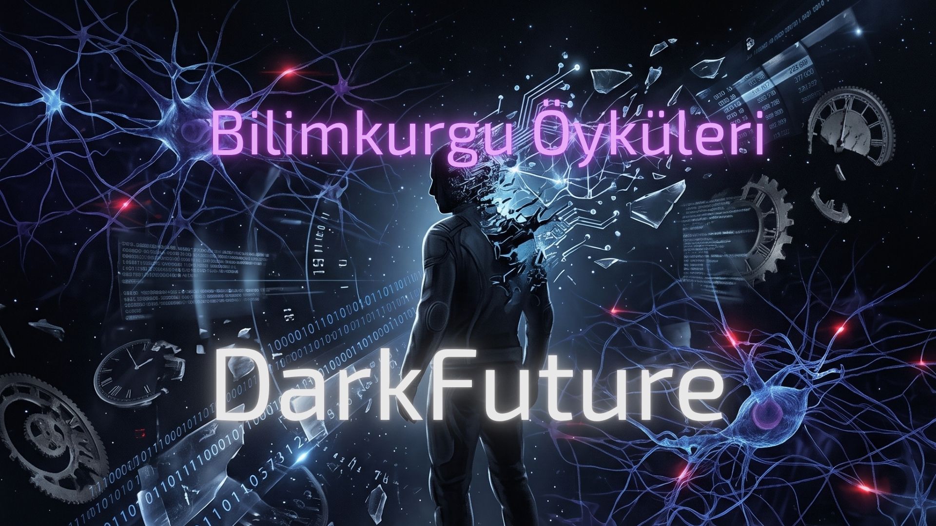 DarkFuture için karanlık teknolojik şehir ve kırmızı ışıklar