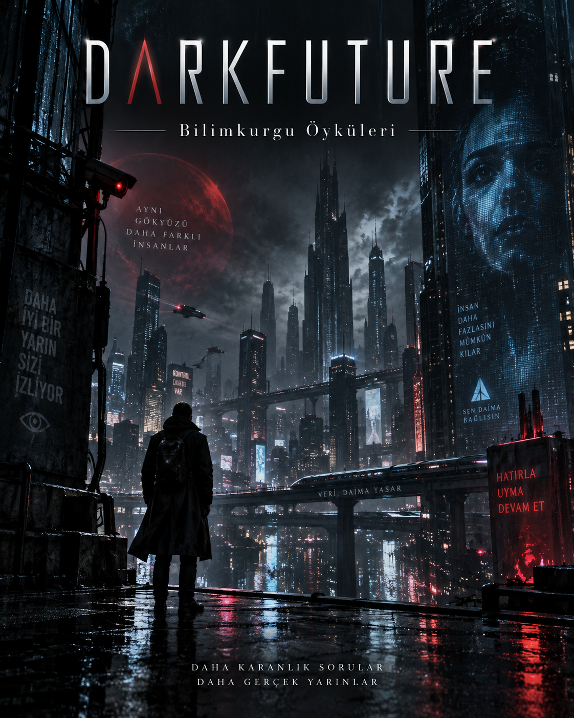 DarkFuture için karanlık teknolojik şehir ve kırmızı ışıklar