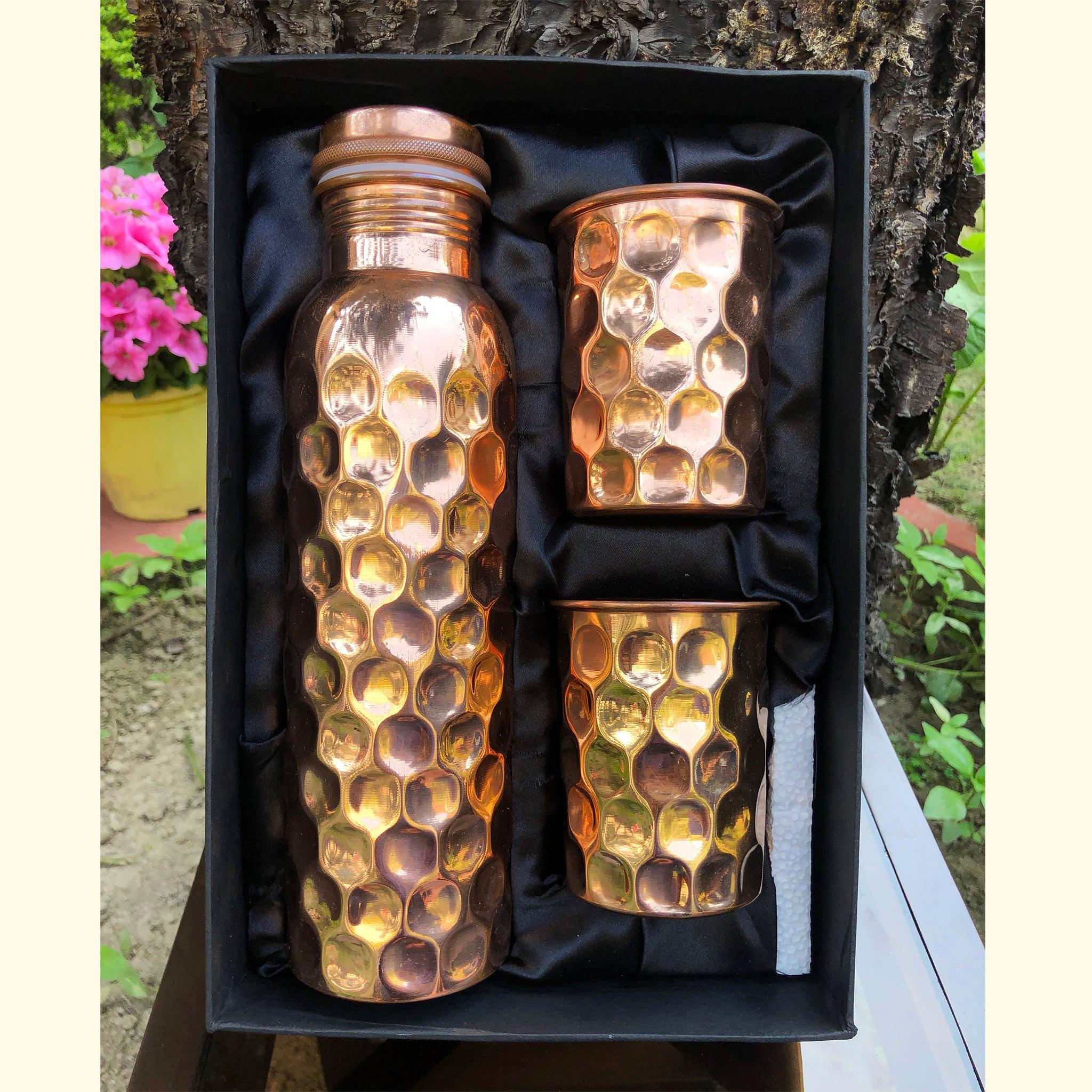 Copper Hammered Bottle With 2 Glass