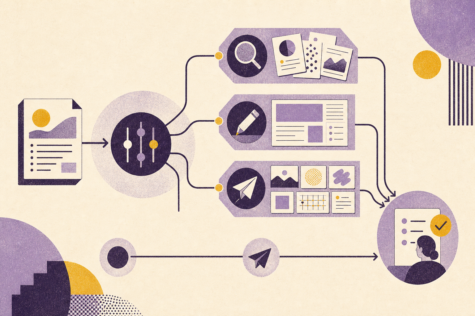 A shared brief routed to specialized research, drafting, delivery, and human approval stages