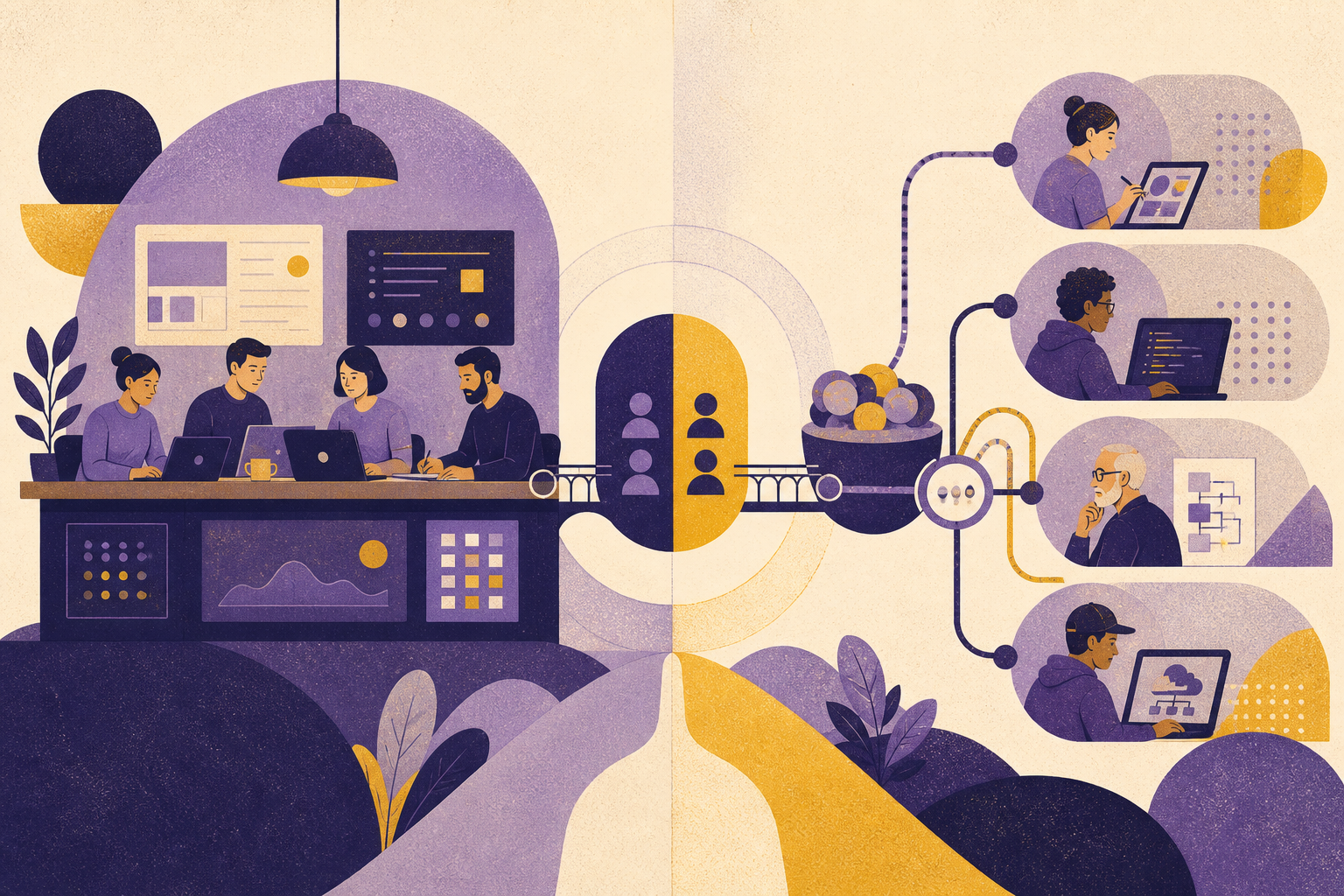 A stable dedicated product team compared with flexible specialist pathways and a hybrid bridge between them
