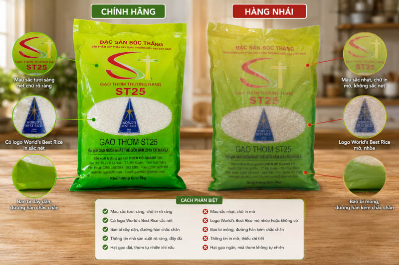So sánh hai túi gạo ST25 đặt cạnh nhau, một túi chính hãng bao bì sắc nét và một túi nhái in ấn mờ nhạt.