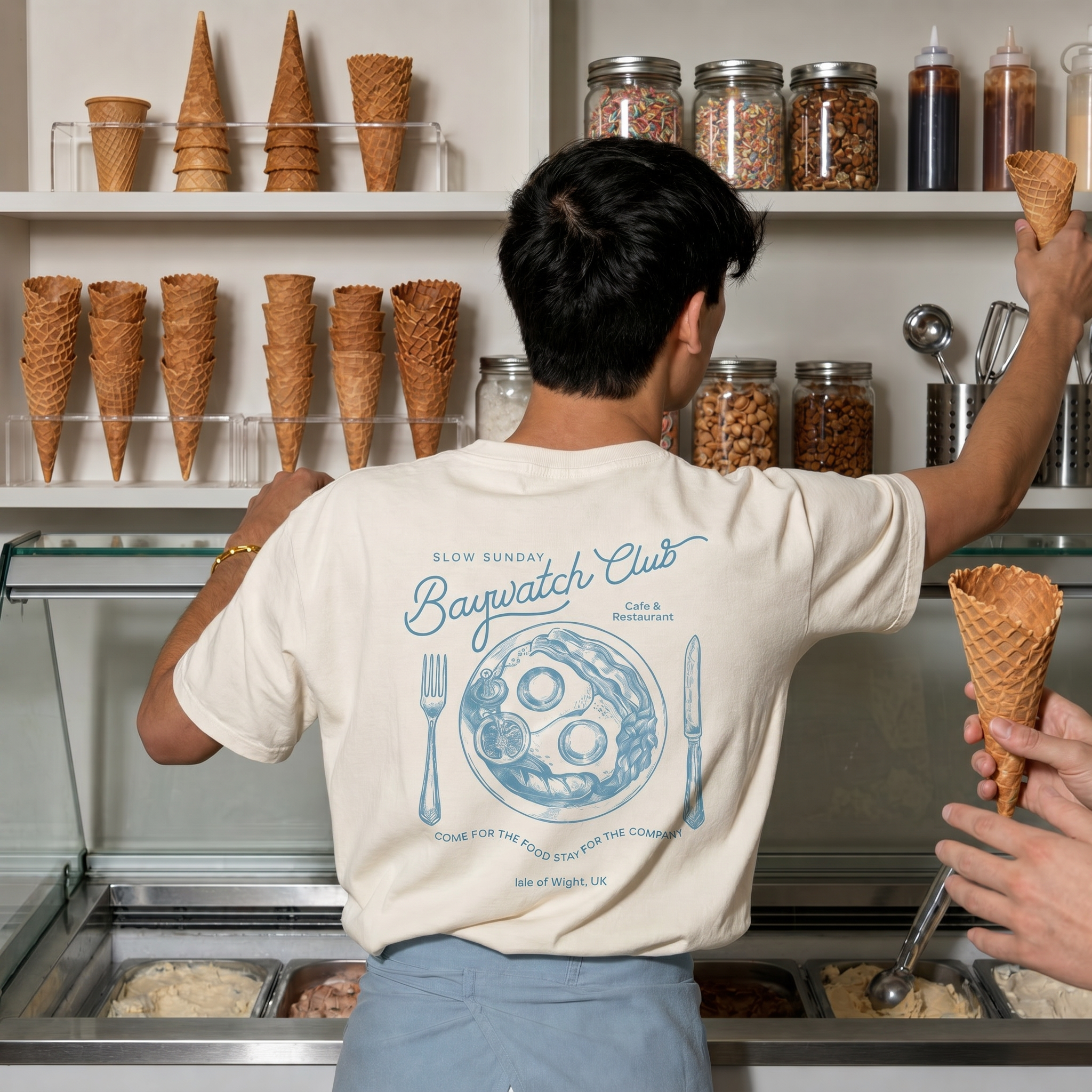 Baywatch Club t-shirt at ice cream counter