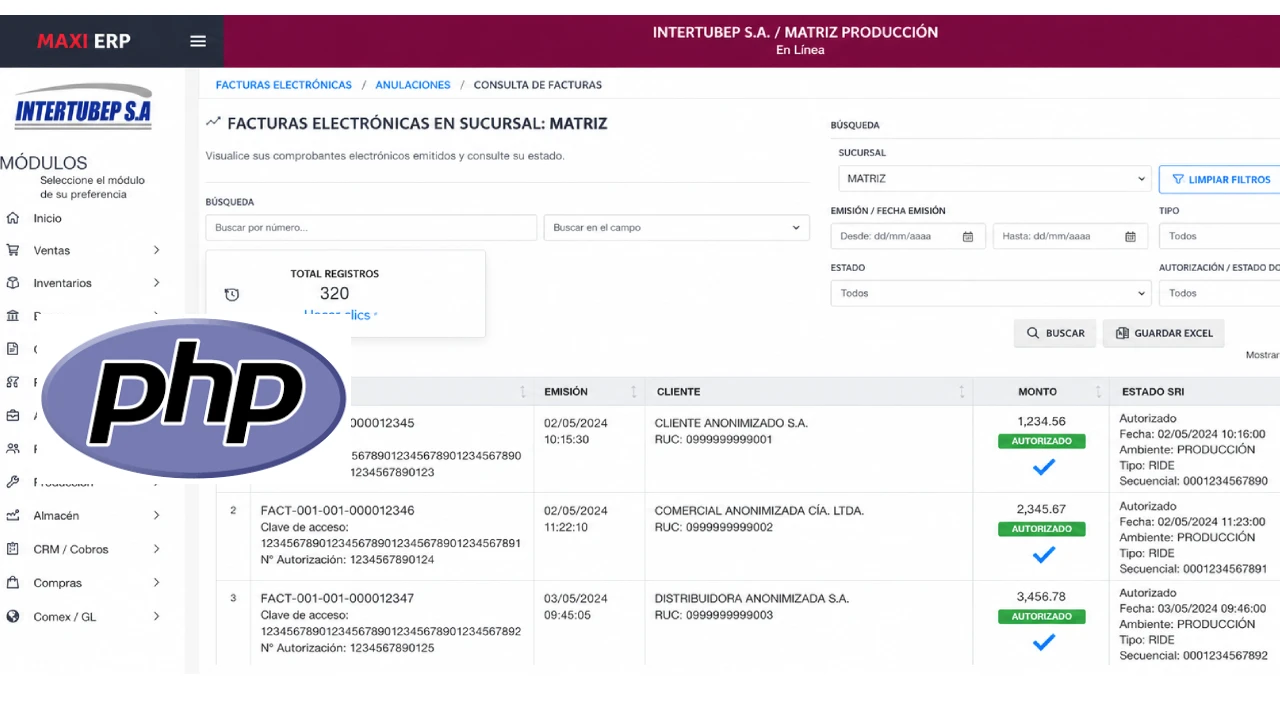 Captura del sistema ERP OSARA