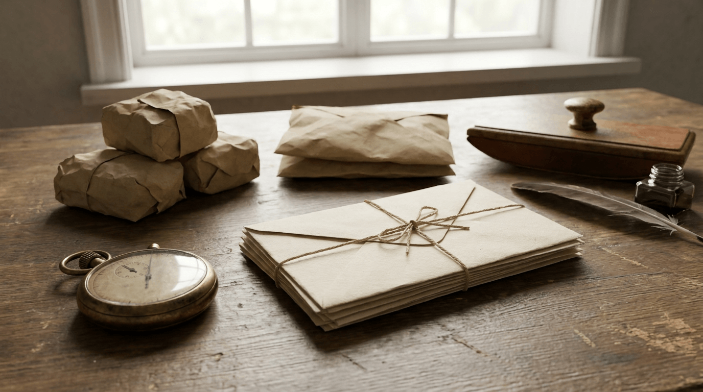 A tidy desk with a vintage stopwatch and paper envelopes, captured in soft morning light, symbolizing time-saving email automation.