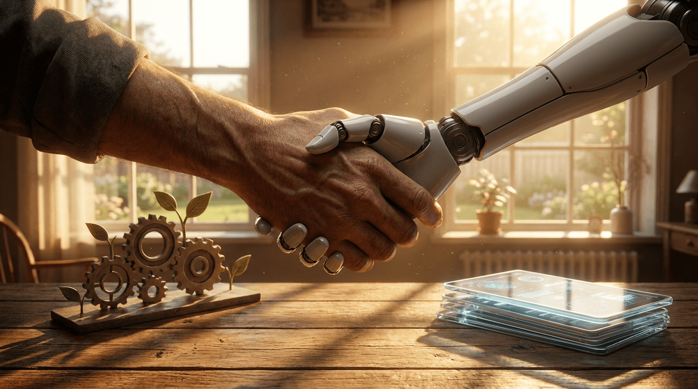 A cinematic 3D render of a human hand and a robotic hand shaking over a wooden table, symbolizing partnership in marketing with warm sunlight streaming through a window.