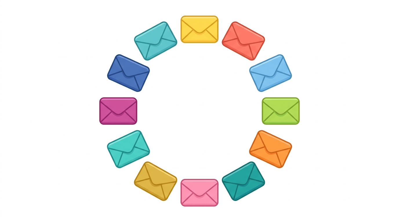 A flat vector illustration of twelve colorful envelopes arranged in a circle on a clean white background, each representing a different email marketing platform.
