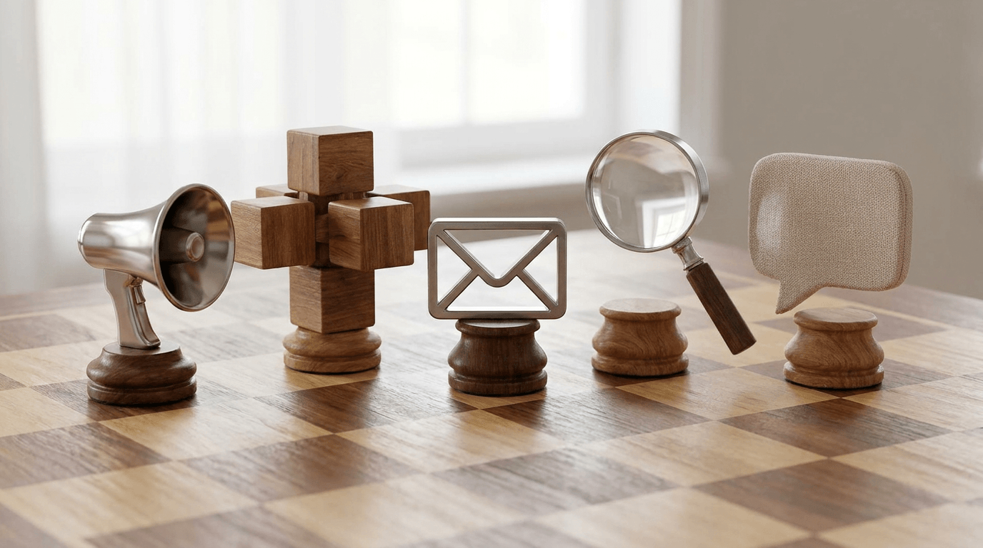 A tactile still-life of a chessboard with diverse pieces symbolizing various marketing channels. Soft, natural lighting highlights the strategy theme.