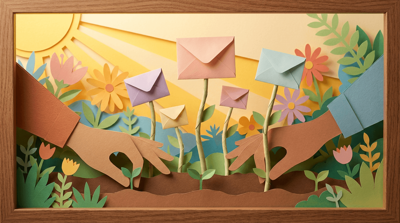 Hand-cut paper craft of hands planting seedlings that grow into envelopes in a sunny garden.