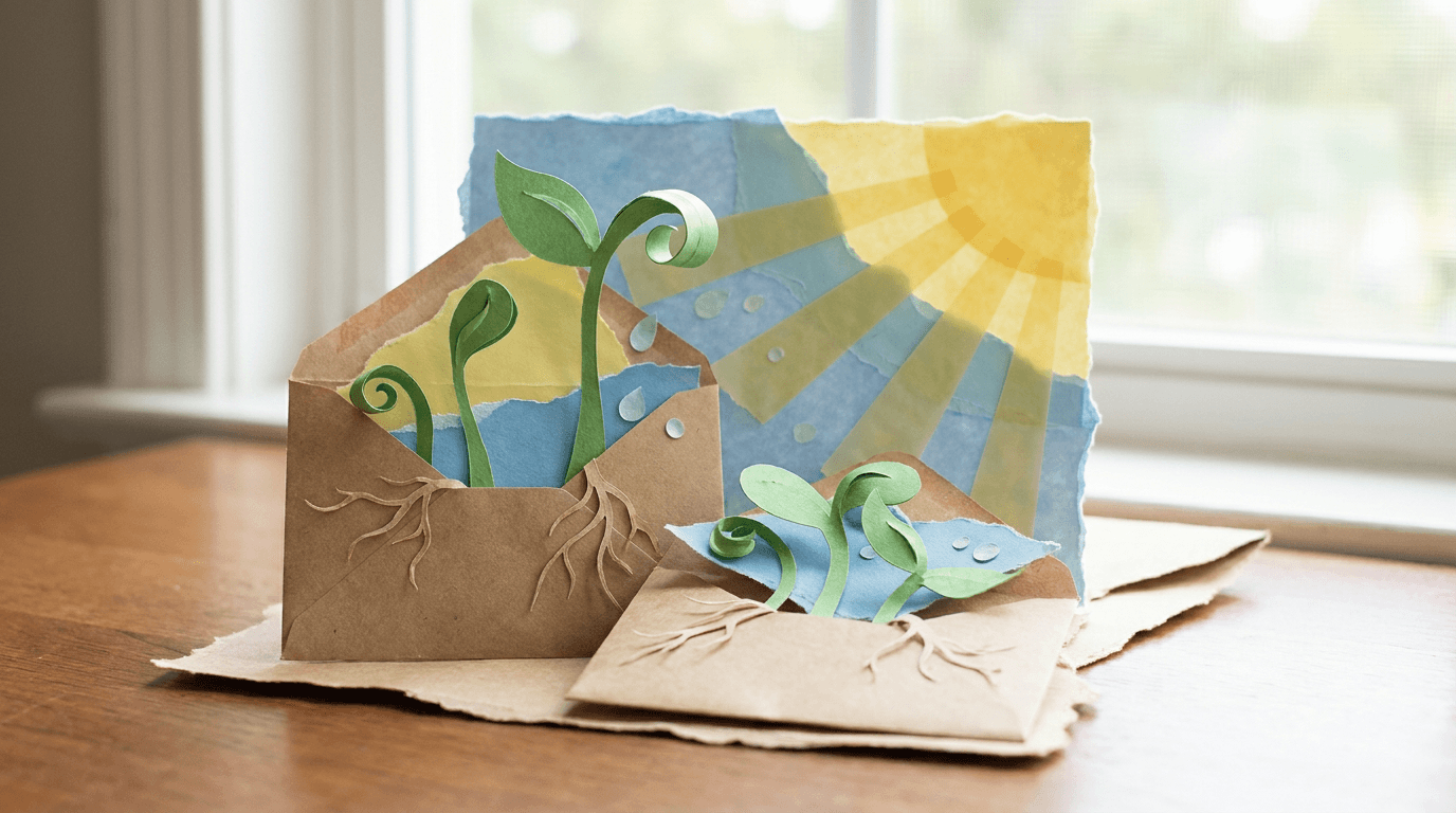 A hand-cut paper craft of seedlings growing into envelopes under sunny skies, symbolizing lead nurturing in email marketing.