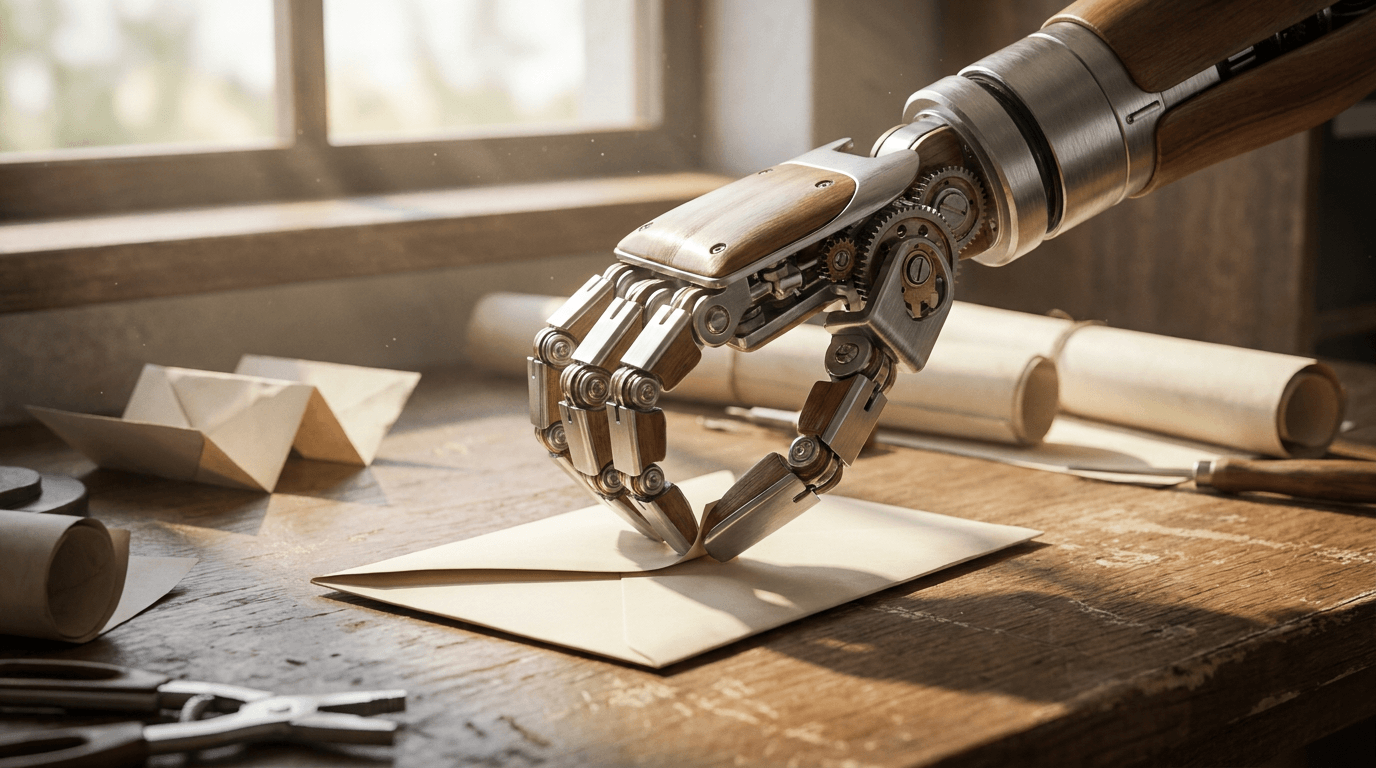 Cinematic 3D render of a futuristic robotic arm delicately crafting paper envelopes on a sunlit wooden desk, conveying innovation and precision.