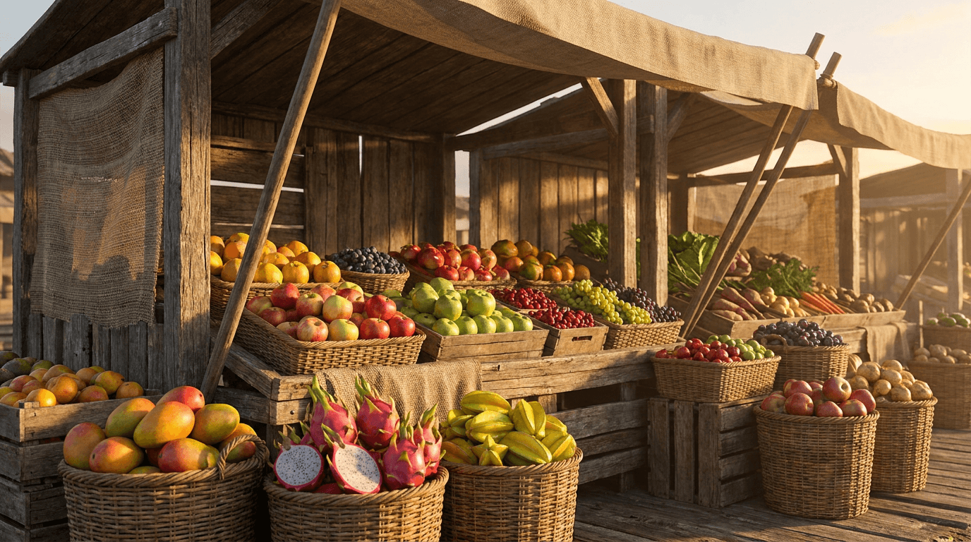 A detailed 3D render of a market stall showcasing various vibrant fruits, symbolizing diversity and options, bathed in warm morning light.