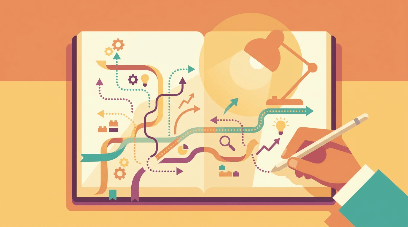 Flat vector illustration of a person sketching a detailed map with colorful paths and icons, symbolizing a marketing plan journey.