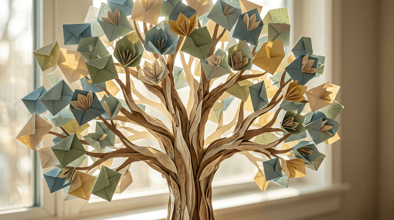 A hand-cut paper craft of a blooming tree with envelopes as leaves, symbolizing growth and connection.