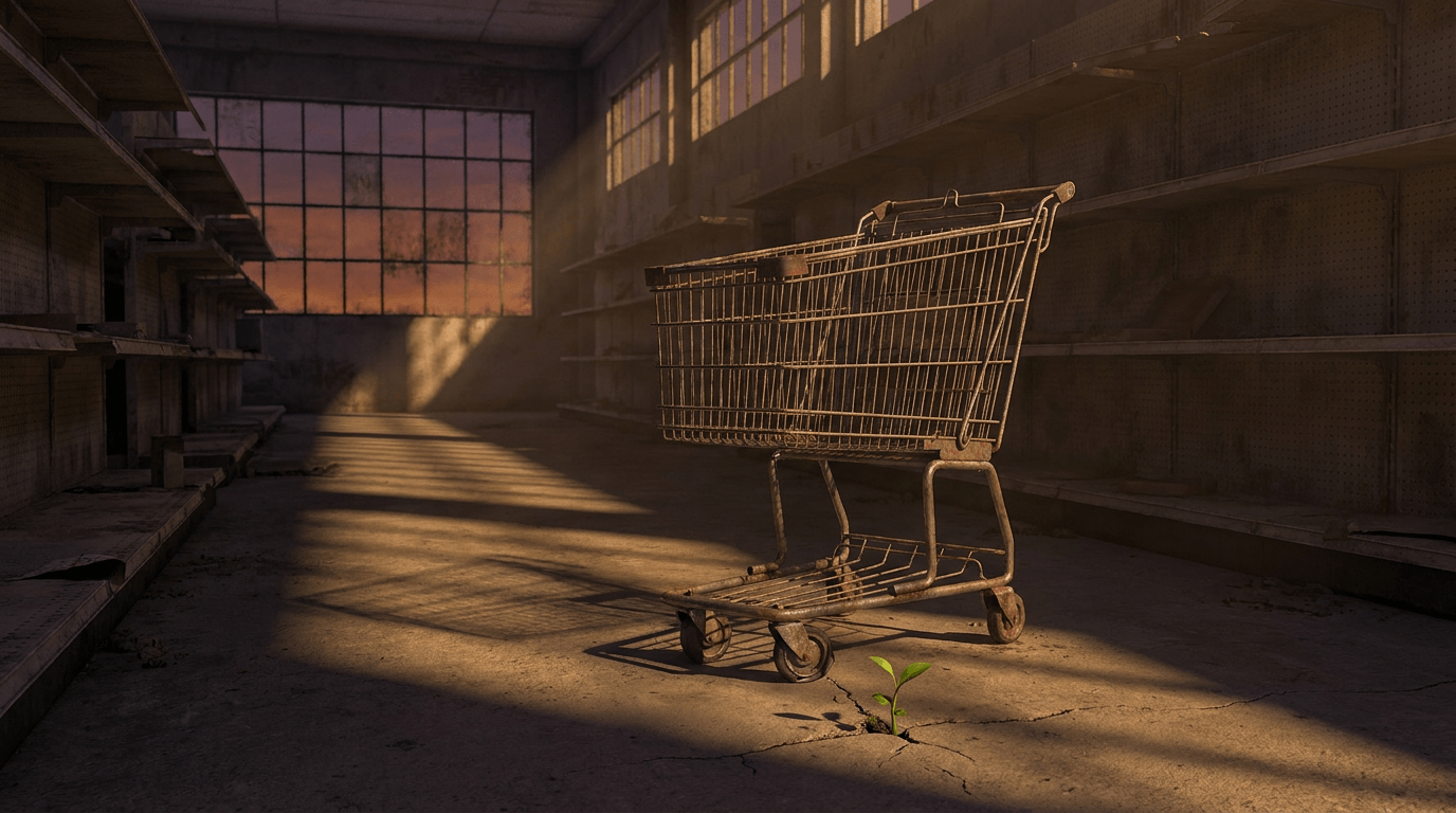 Cinematic 3D render of a lone shopping trolley in an empty aisle at dusk, creating a sense of lost opportunity and potential recovery.