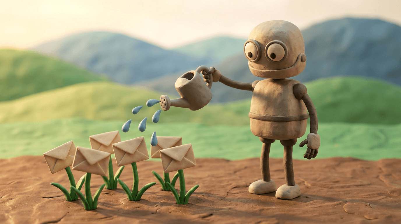 Claymation of a robot gently watering a garden of blooming envelopes under soft morning light, symbolizing nurturing customer relationships through AI.