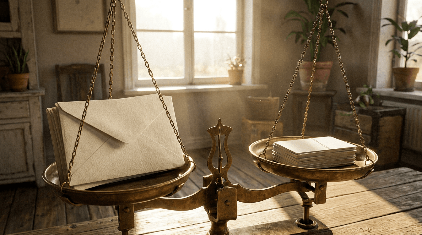 Cinematic 3D render of two scales with envelopes on one side and contact cards on the other, set in a sunny room.