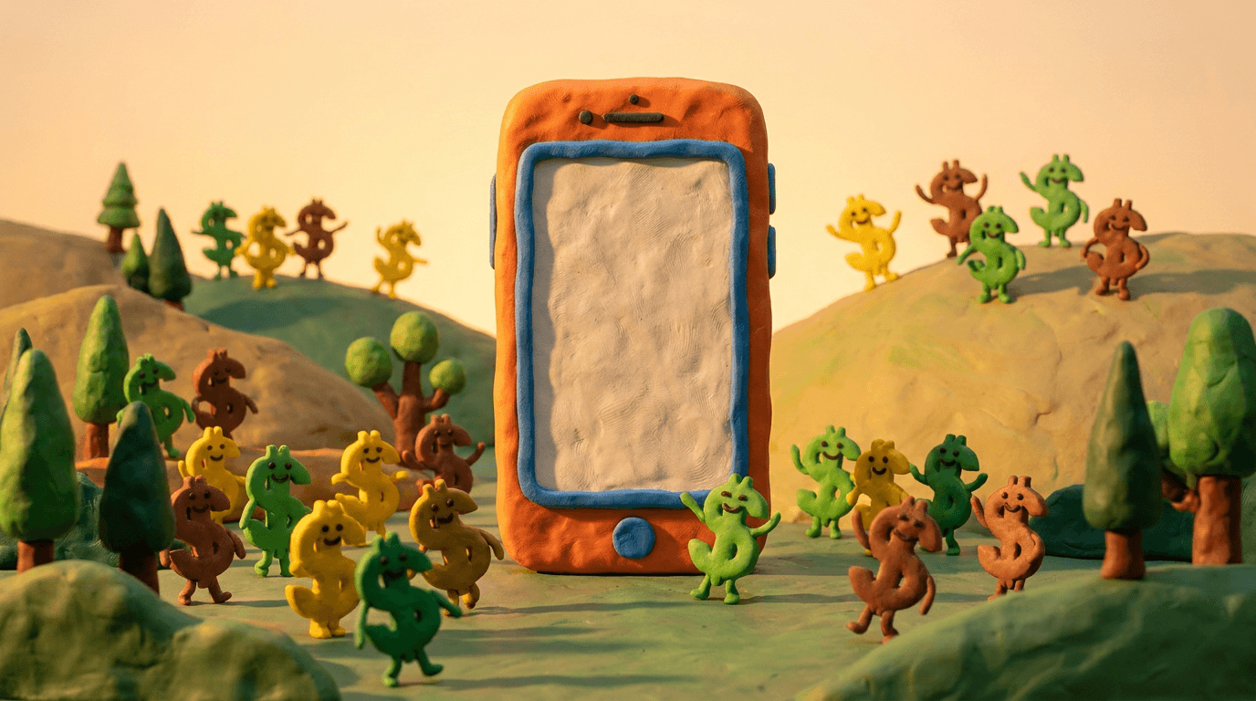 A lively claymation scene of a giant smartphone surrounded by small, animated dollar signs, all under warm, ambient lighting.