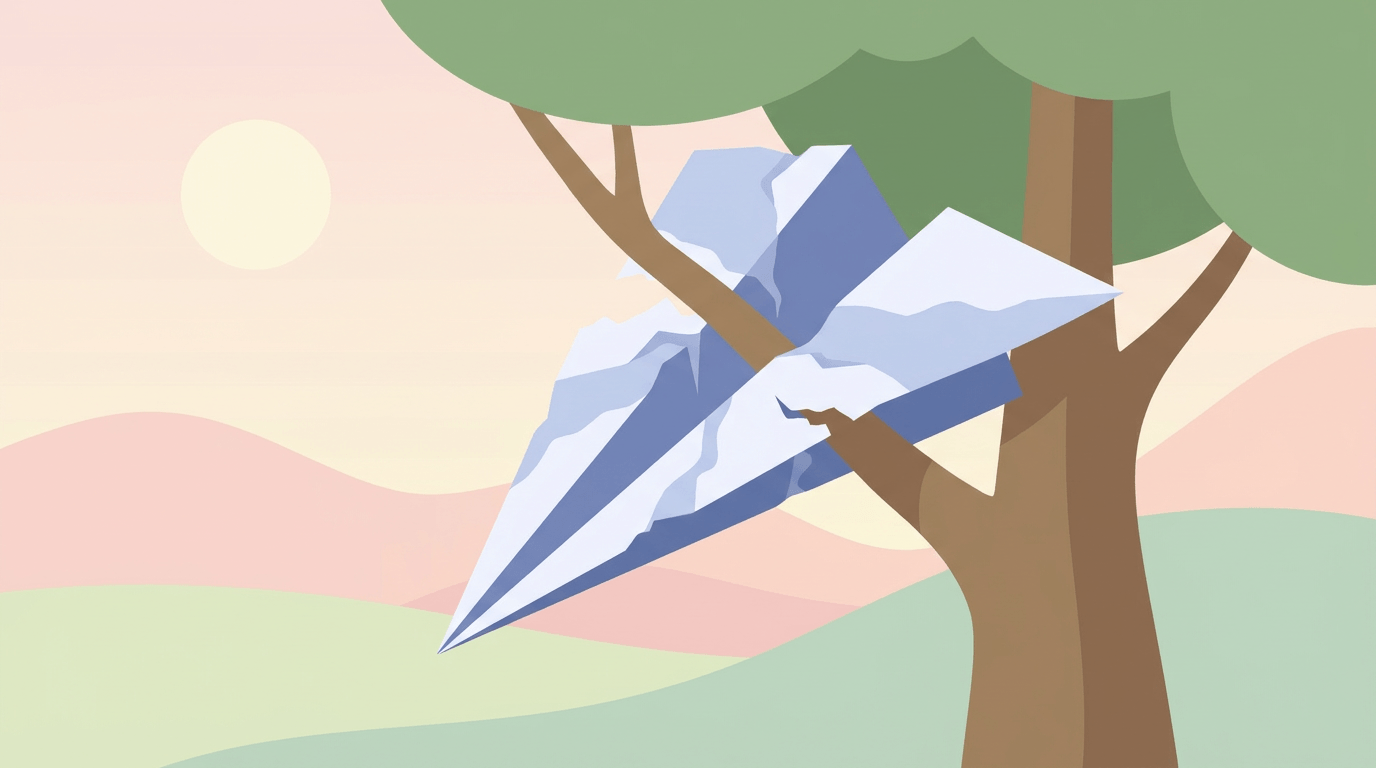 A flat vector illustration of a broken paper airplane stuck in a tree, symbolizing failed email campaigns.