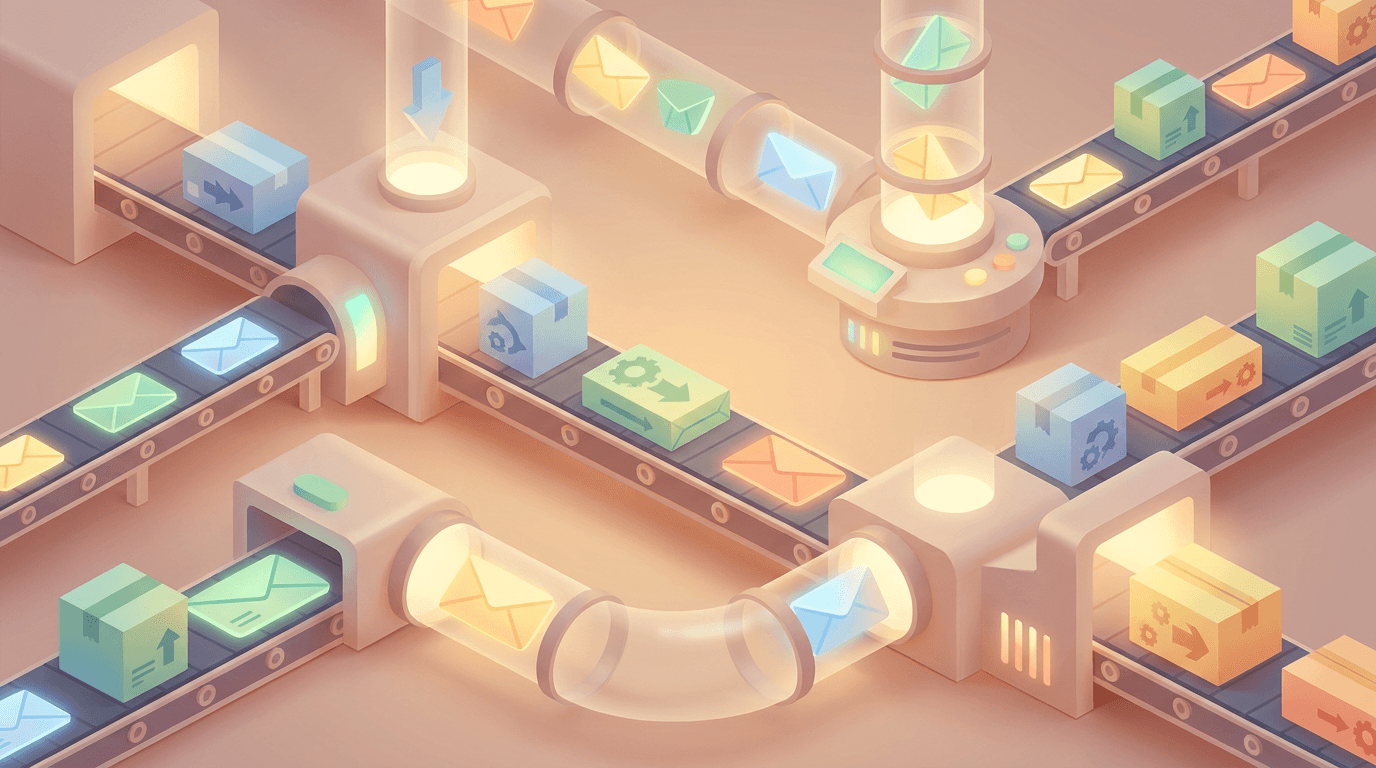 Isometric illustration of a conveyor belt in a bright workshop, carrying various colorful packages and envelopes symbolizing automated email workflows.
