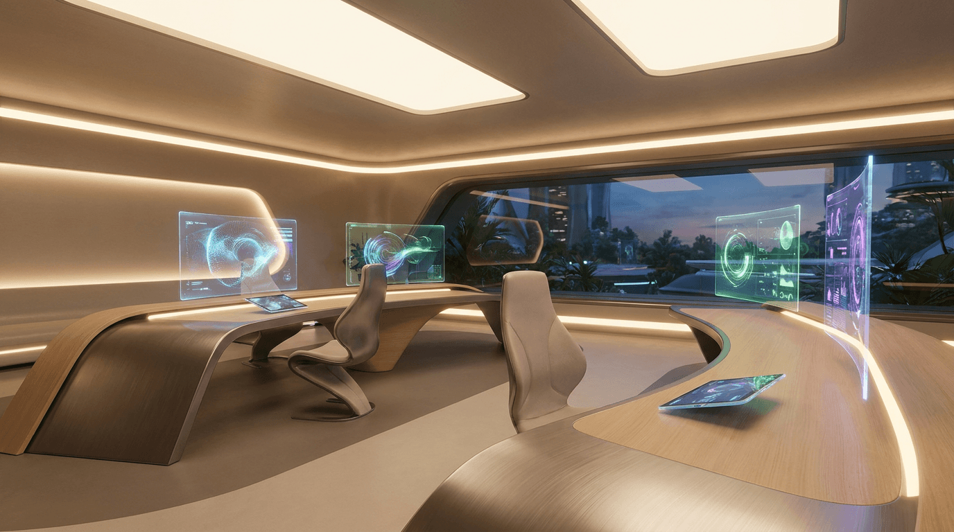 A futuristic workspace with various digital tools hovering in a holographic display.