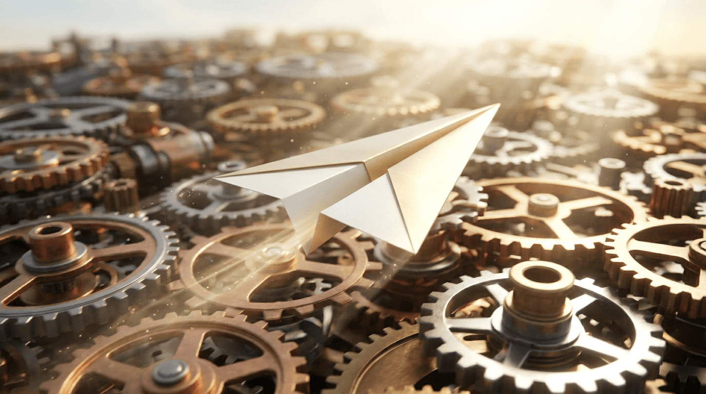 Cinematic 3D render of a confident paper airplane soaring above a maze of complex gears. Bright daylight, dynamic motion, and a sense of triumph.