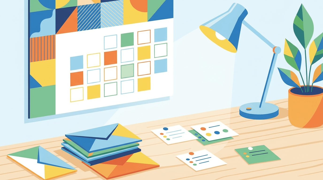 Flat vector illustration of a vibrant 2026 calendar with colorful envelopes and reminders, set against a clean desk. Bright lighting, organized atmosphere.