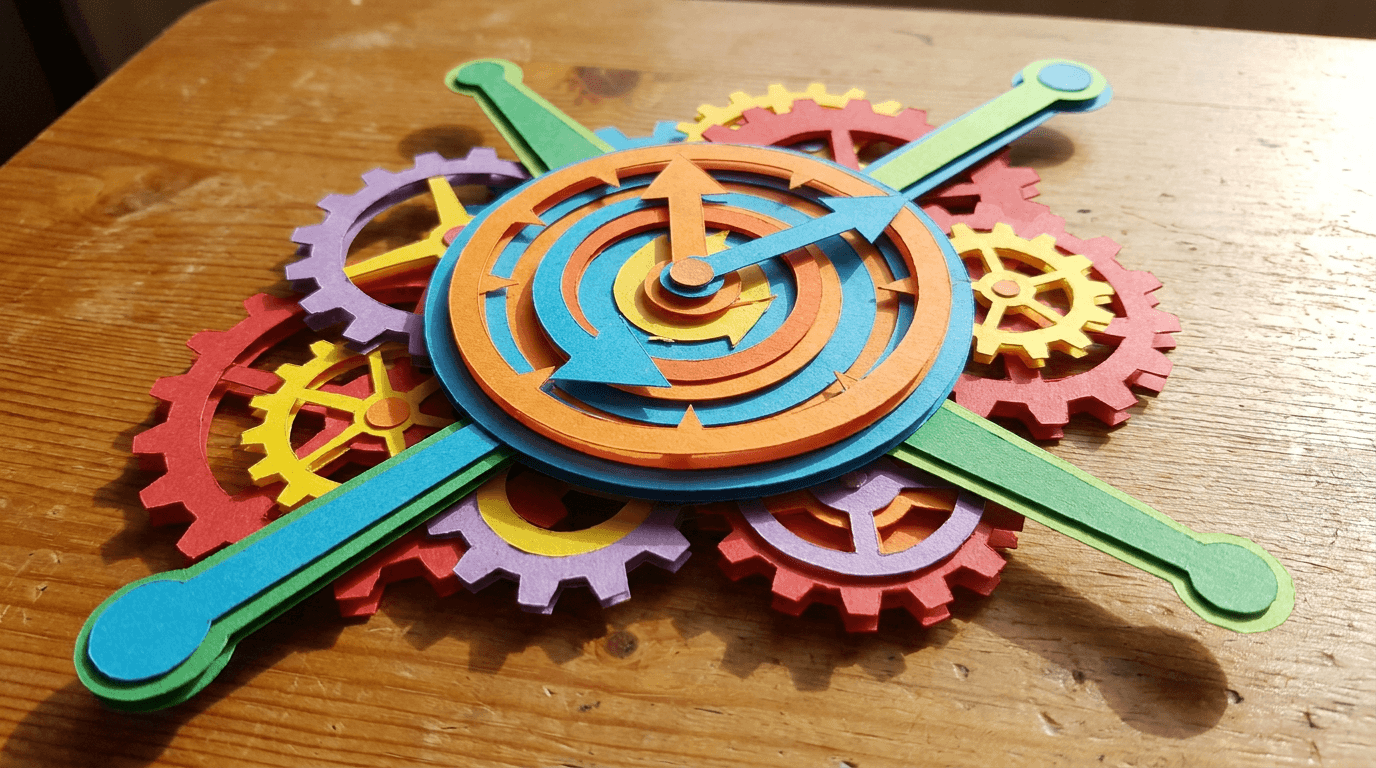 A hand-cut paper craft showing a ticking clock with colorful gears and levers around it, symbolizing urgency and action.