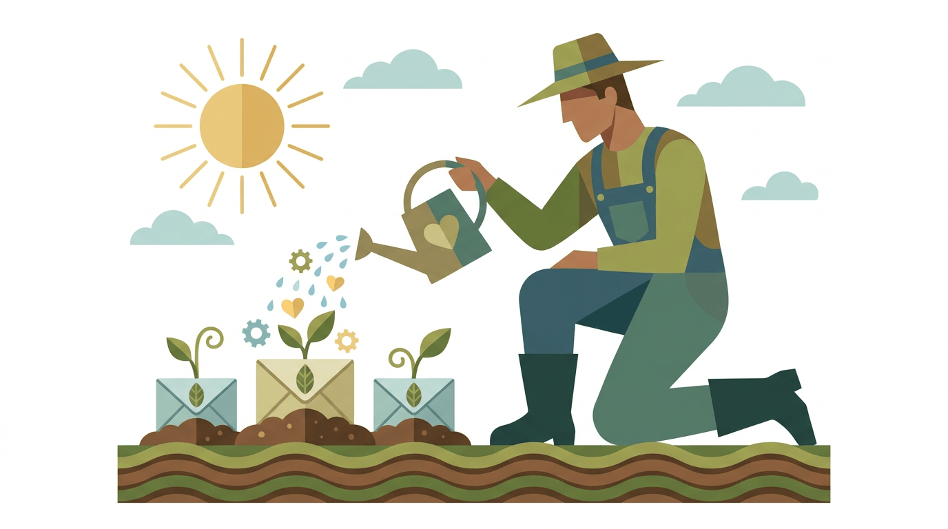 Flat vector illustration of a gardener carefully tending to sprouting email envelopes, representing nurturing new subscribers with trust and engagement.