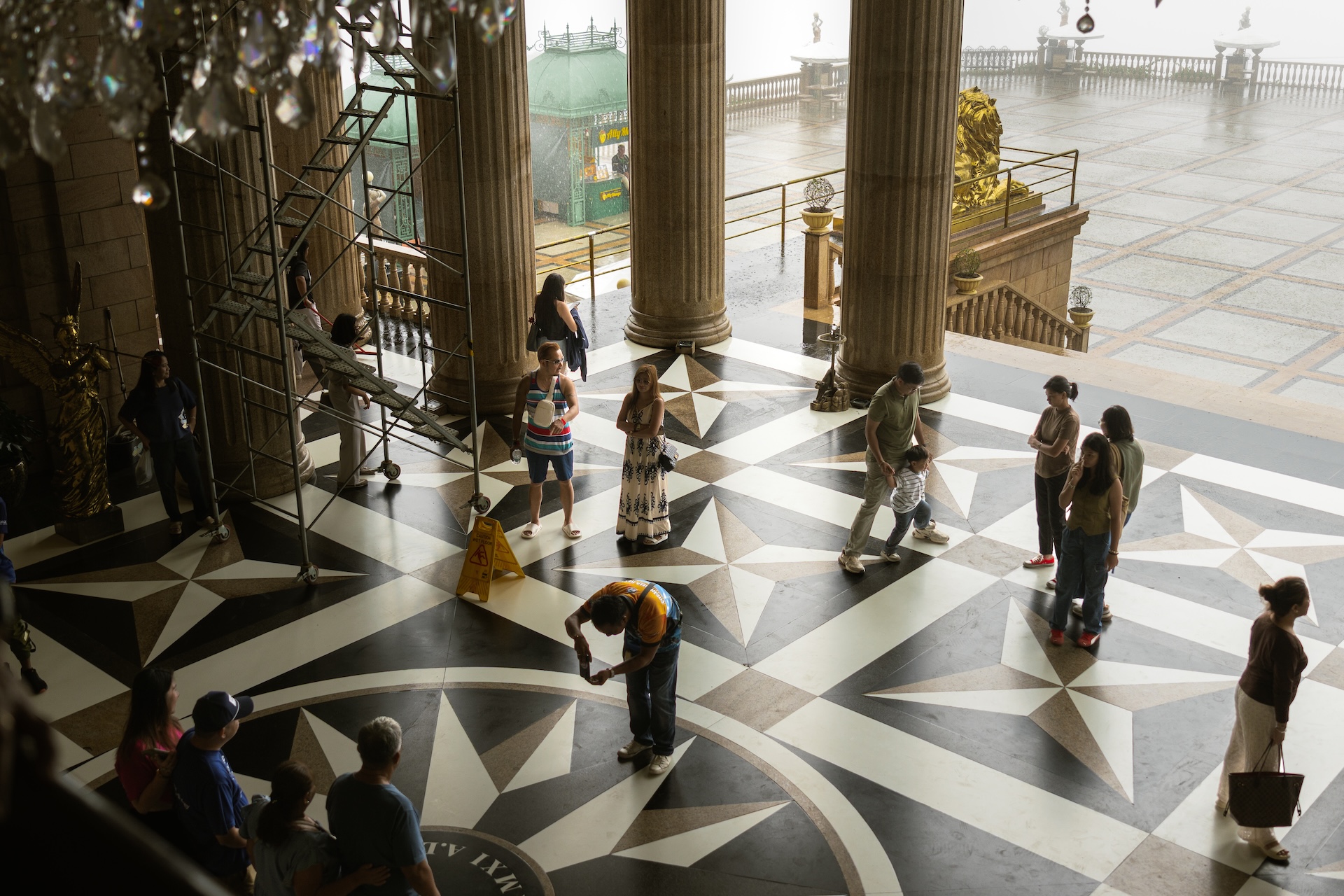 Temple of Leah terrace in Cebu surrounded by thick fog with bird&rsquo;s eye view of the interior floor