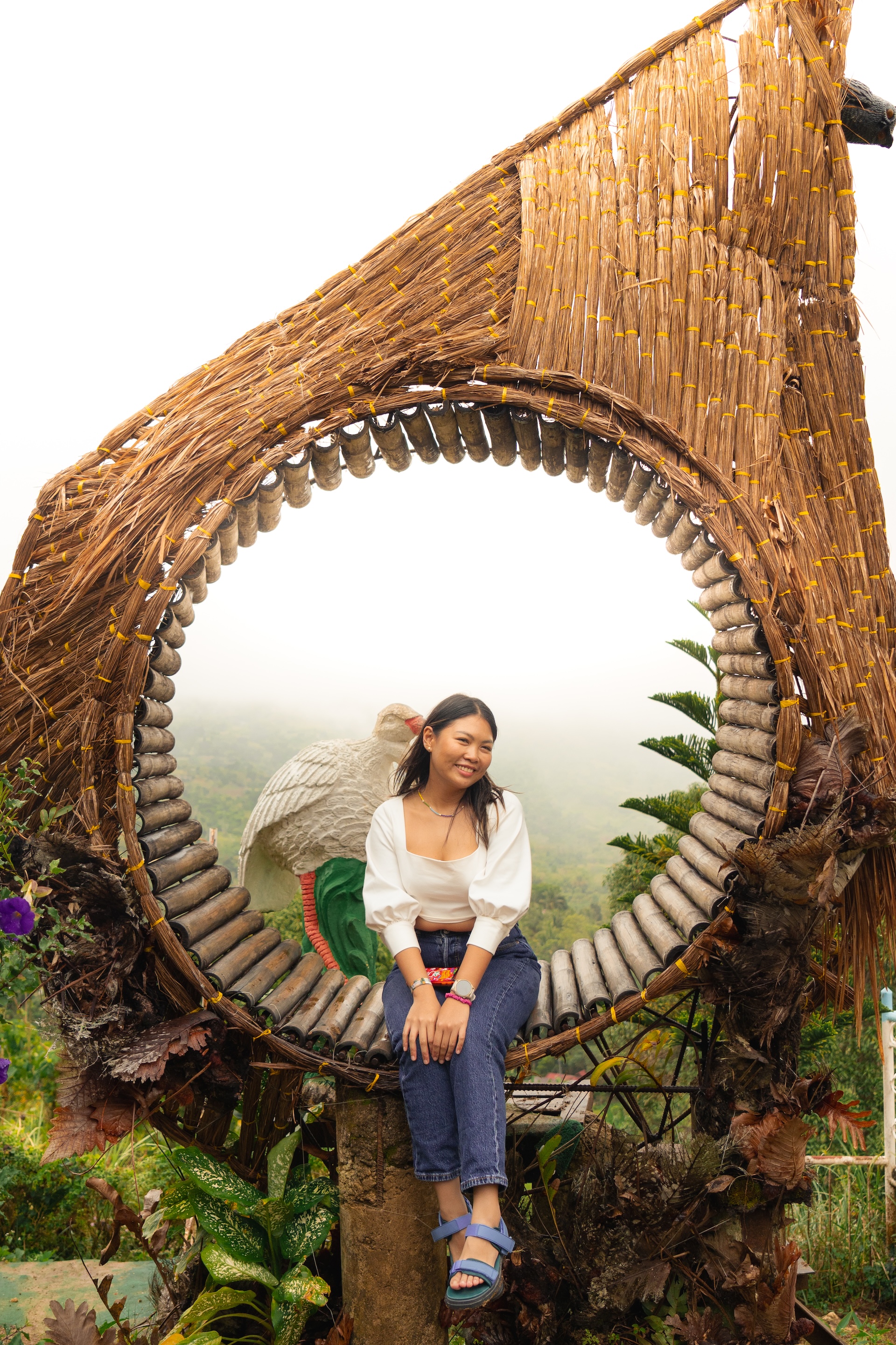 Sitting inside the rattan bird nest photo spot at Sirao Garden Cebu with misty mountain view