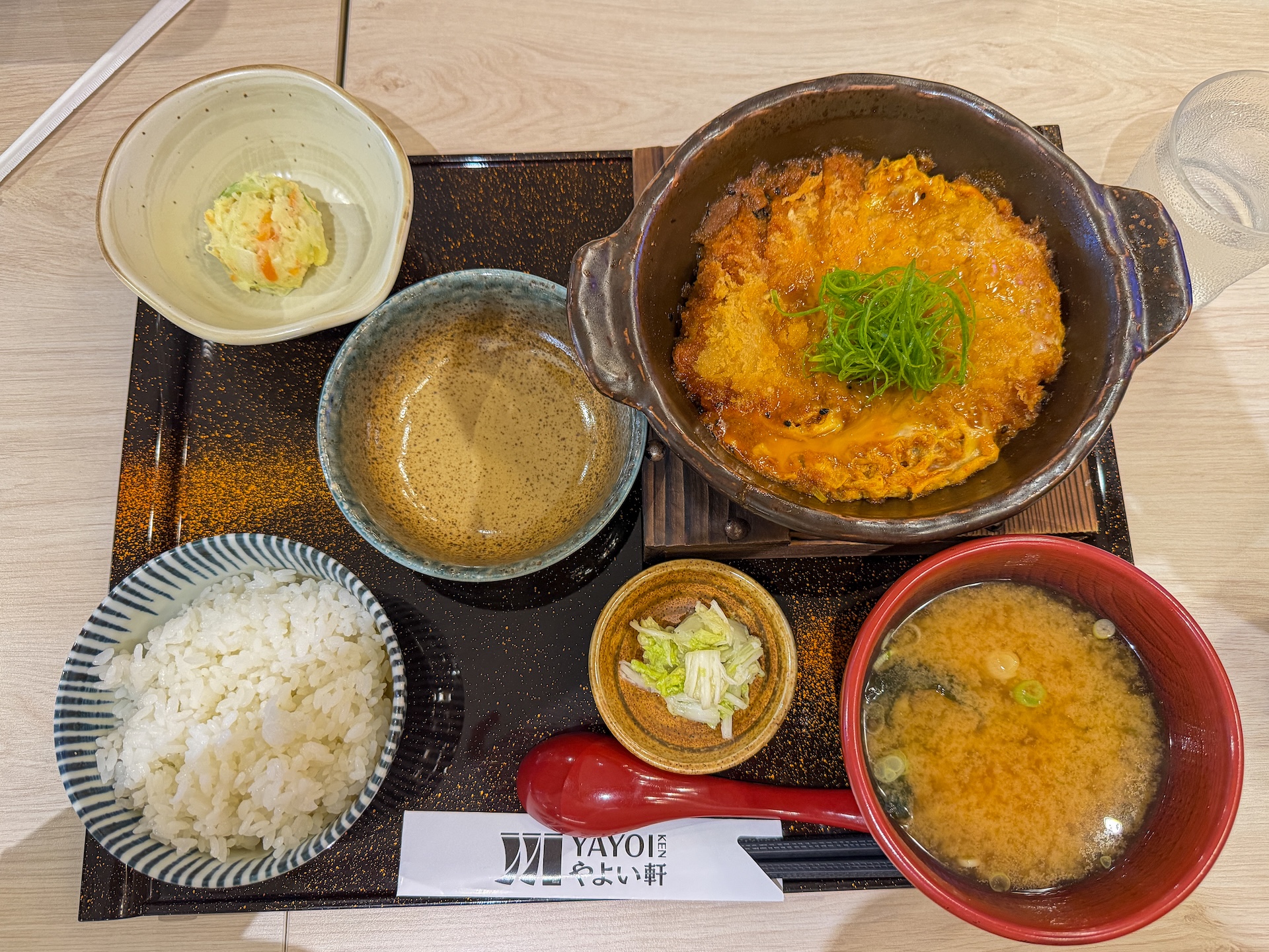 Katsudon set meal at Yayoi Ken restaurant in Cebu with rice, miso soup and pickles