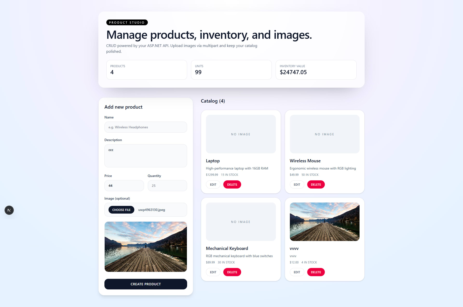 CRUD Project featured project interface