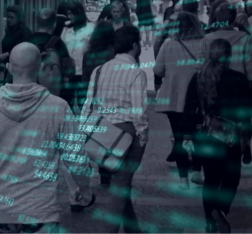 Crowd of people with data