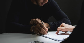 Person in handcuffs signing papers