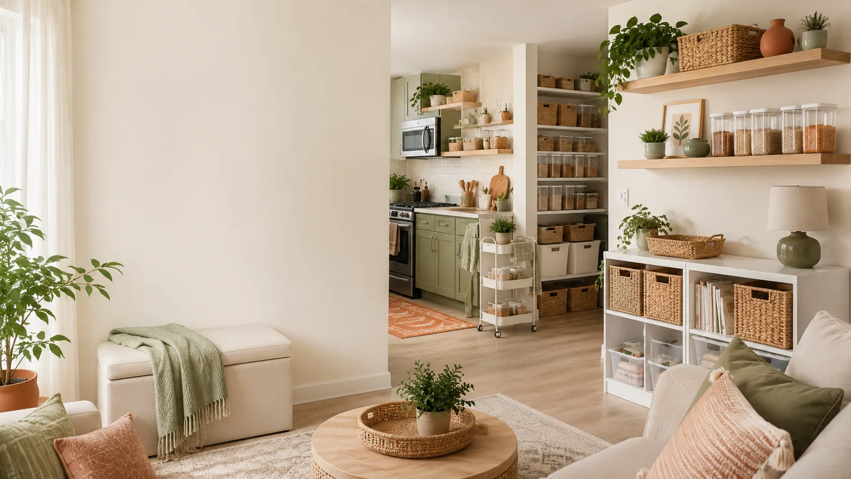 Bright small apartment corner with floating shelves, baskets, and warm natural light