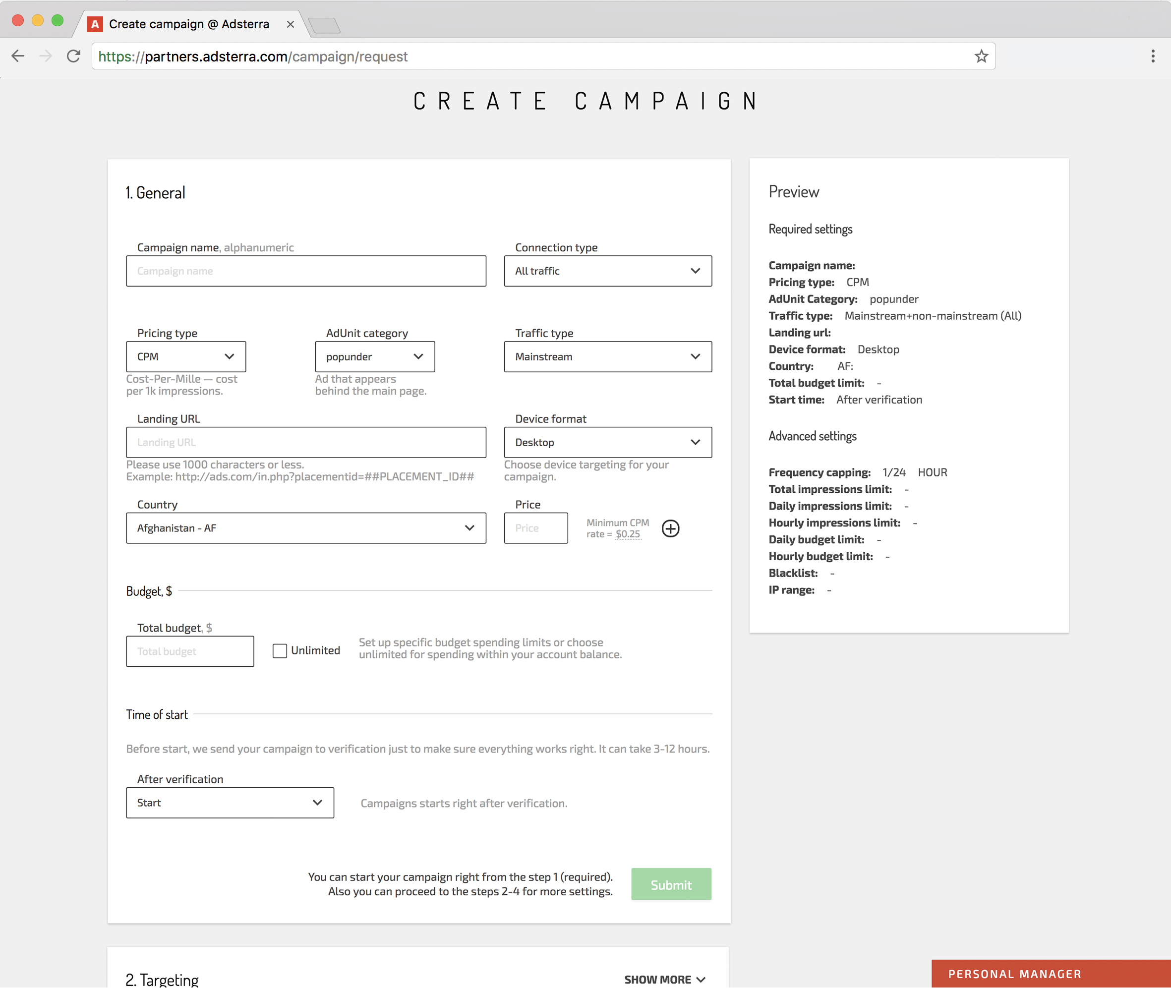 create campaign on Adsterra