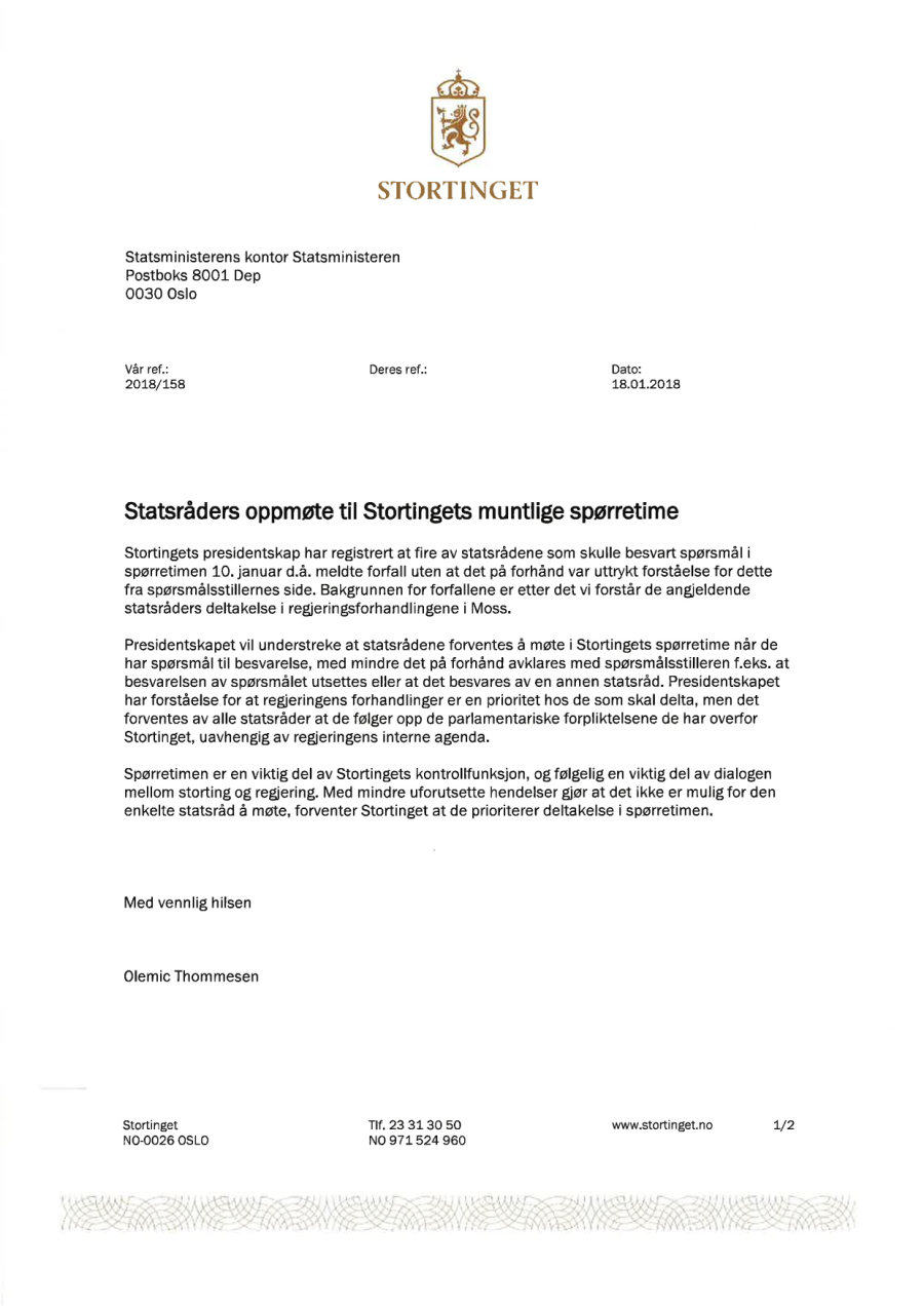 Stortingspresidentens brev til Statsministerens kontor.