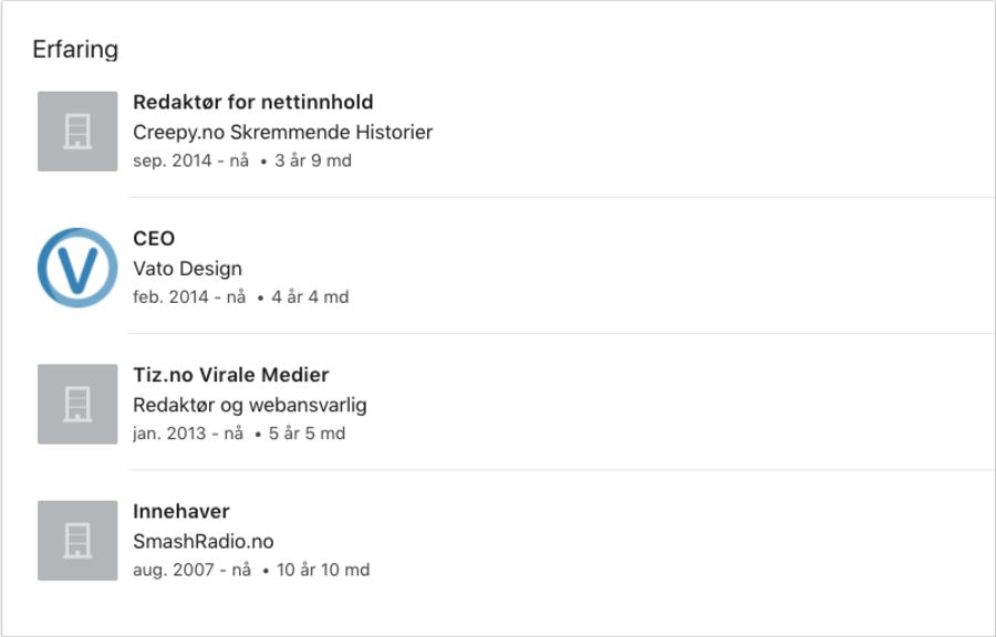 Slik ser LinkedIn-profilen til eieren av Vato Design ut.