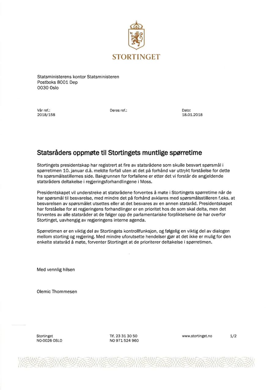 Stortingspresidentens brev til Statsministerens kontor.