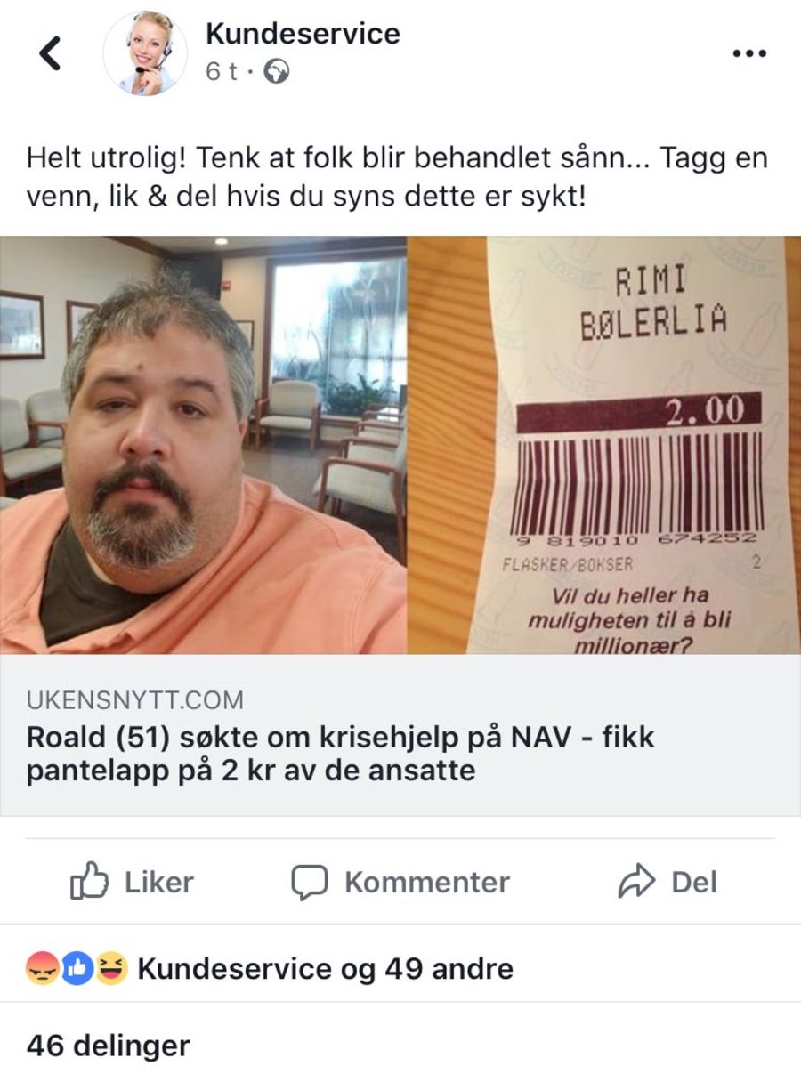 Slik ble saken postet på Facebook-siden til «Kundeservice» - en side som hyppig sprer virale fra såkalte løgnfabrikker.