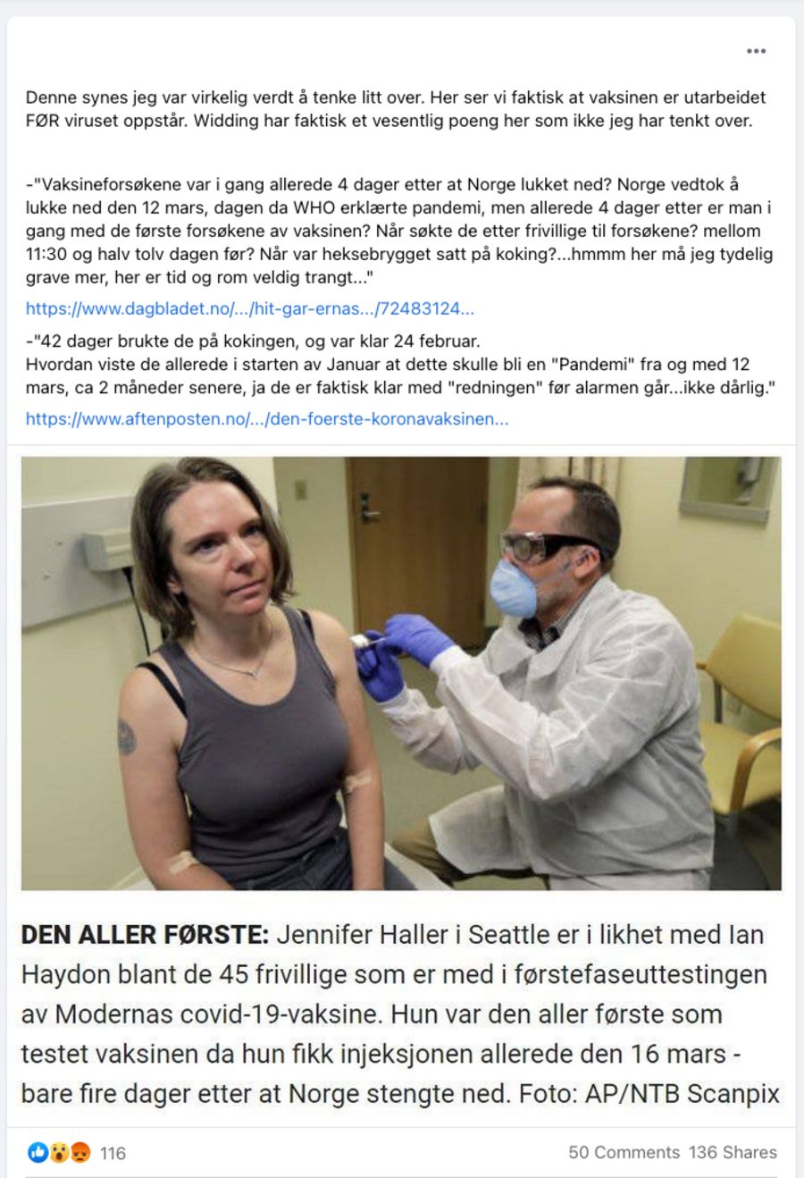 Slik har Facebook-brukere delt et bilde av den første vaksinedosen som ble satt av en av vaksinene.