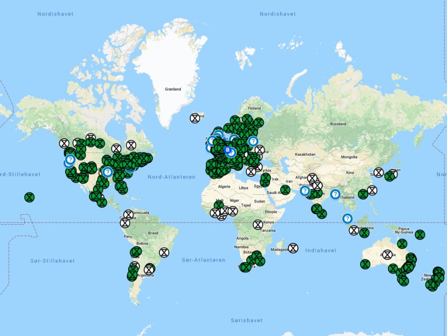 Oversikt over Extinction Rebellion-grupper i verden.