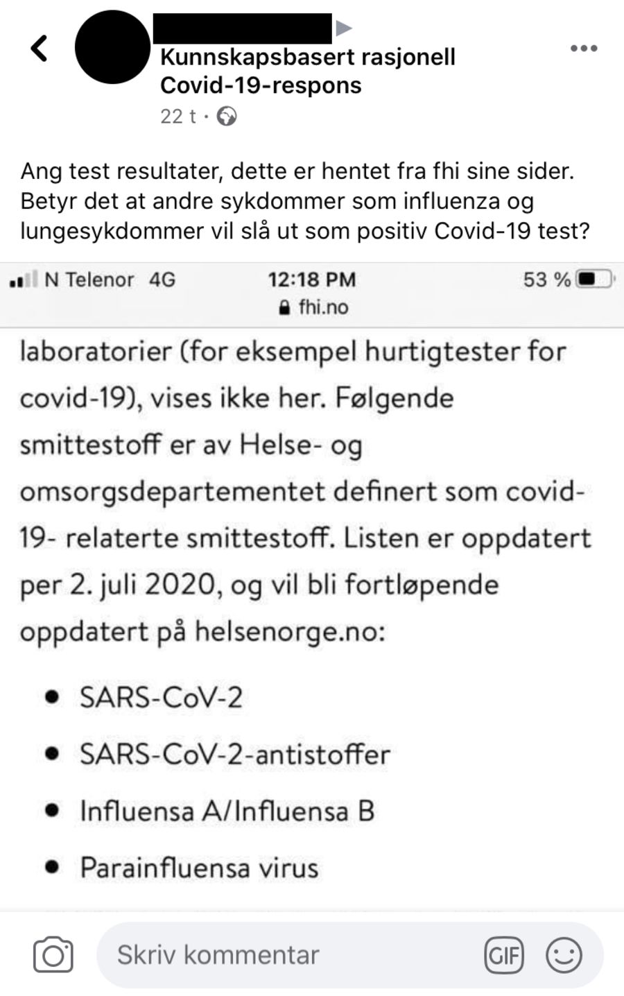 Noen brukere delte også skjermdumper fra FHIs nettsider med undring om hva som egentlig stemte. Da fikk de også hjelp fra andre på Facebook til å forstå budskapet på FHIs fagsider.