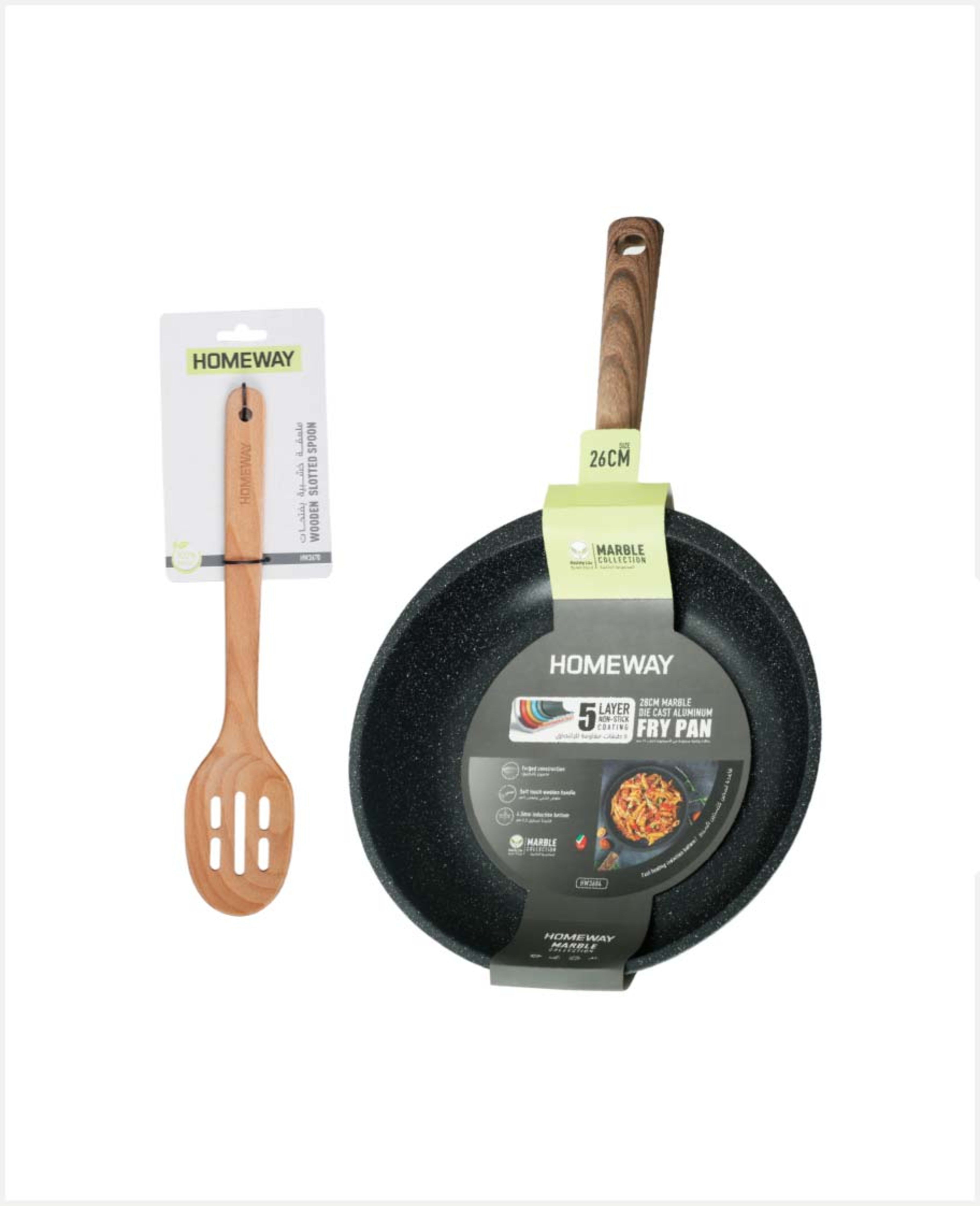 Homeway Hammered Marble Frypan 26cm+wood Spoon Hw3684+3670